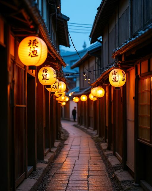 提灯が灯る夜の祇園の小路