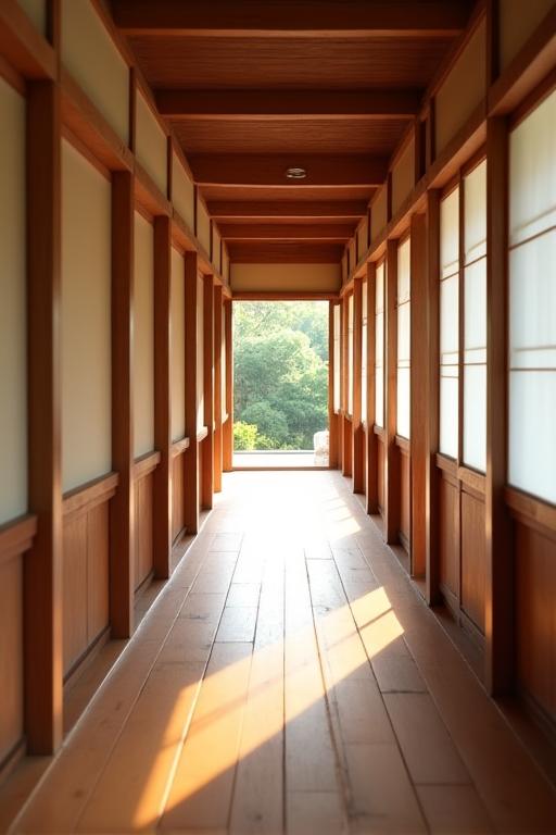 光が差し込む長い木造の廊下