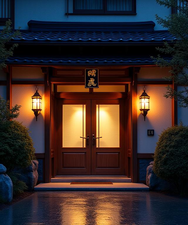 夜の夢工芸の玄関、柔らかな照明
