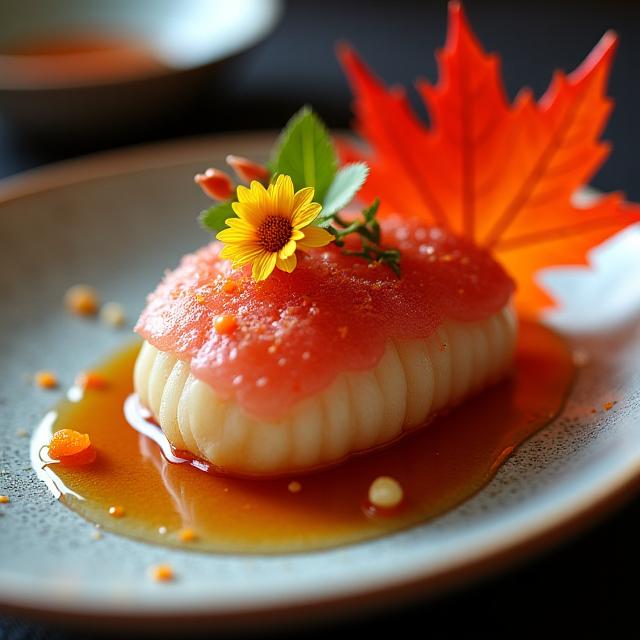 懐石料理の美しい一品と紅葉