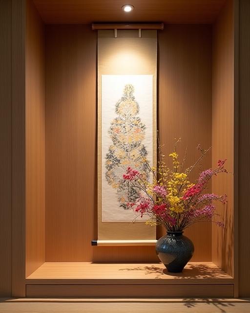 床の間の掛け軸と活け花の芸術